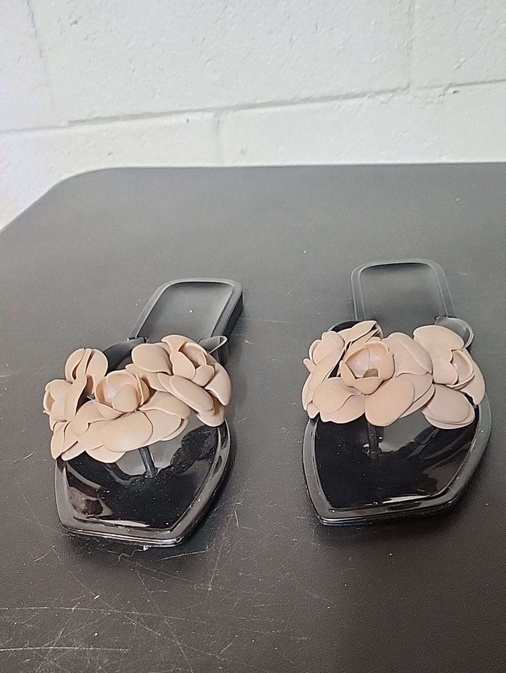 BCBG Lulu Black Slides with Adobe Floral Accents